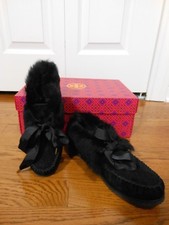 NEW Tory Burch 195 Aberdeen Fur-Lined Suede Slipper, Black Size 6