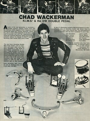 1983 Print Ad of Drum Workshop DW 5000 Pedals & Gauger RIMS w Chad Wackerman