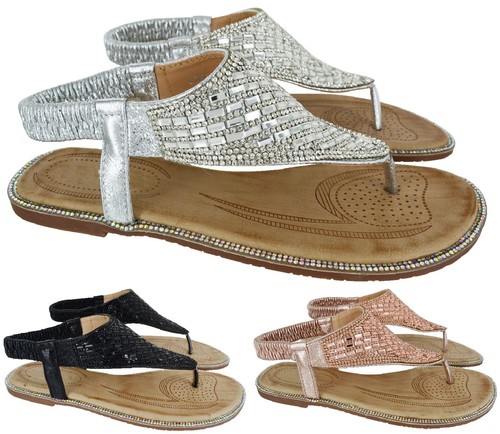 LADIES WOMENS FLAT DIAMANTE TOE POST SUMMER DRESSY PARTY HOILDAY SANDALS SZ 3-8