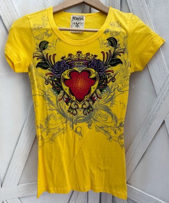 New Vocal Apparel Womens Crystal Yellow Heart Bird Wings Colorful Bling Shirt S