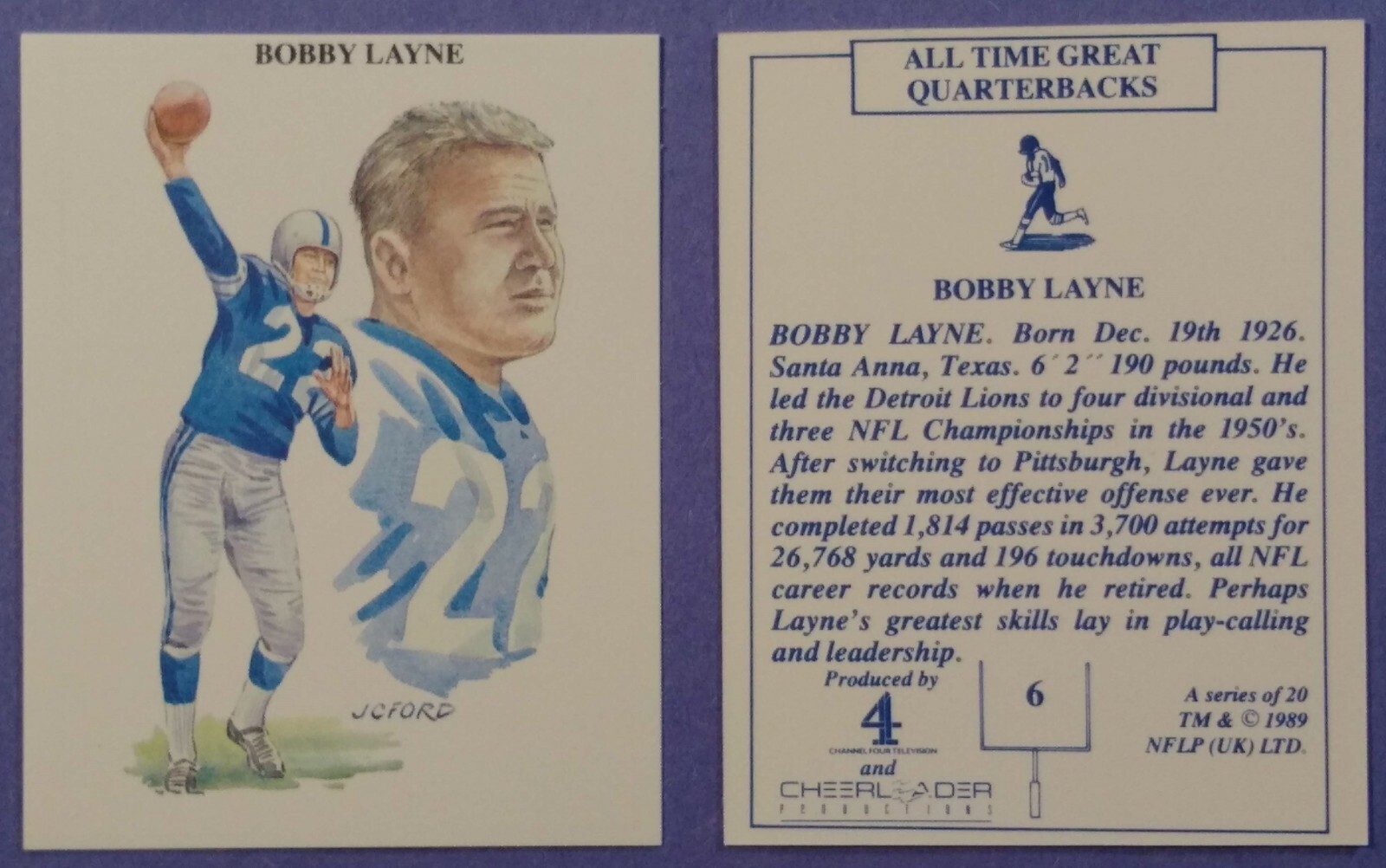 1989 Channel 4 All Time Great Quarterbacks - #6 Bobby Layne (NM to Mint) 