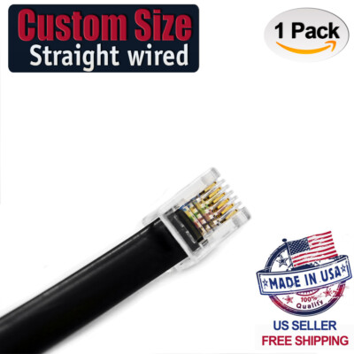 One Black RJ12 6P6C Heavy Duty Straight Data Cable. Custom Size From 2'' - 10ft