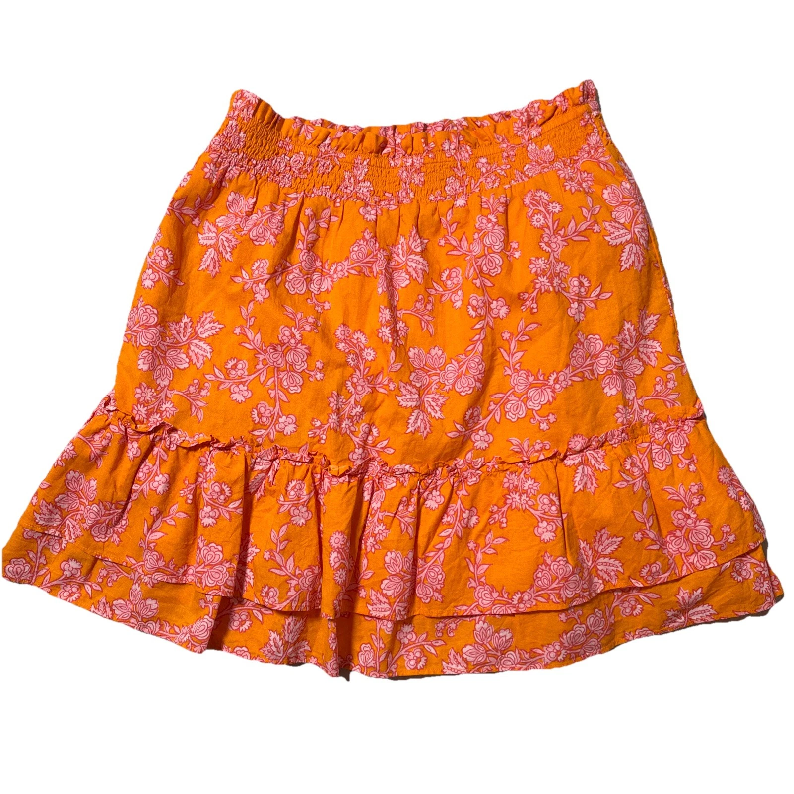 J.Crew XS Orange Pink Floral Ruffle Mini Skirt 100% Cotton Boho Summer