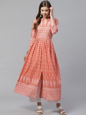 Women's Pink Floral Print Cotton Kurta Indian Ethnic Casual Long Kurti