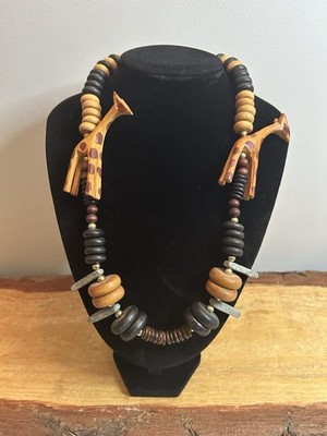 Wooden Beaded Necklace w/ Gray Stones & Wooden Giraffe s, 11 