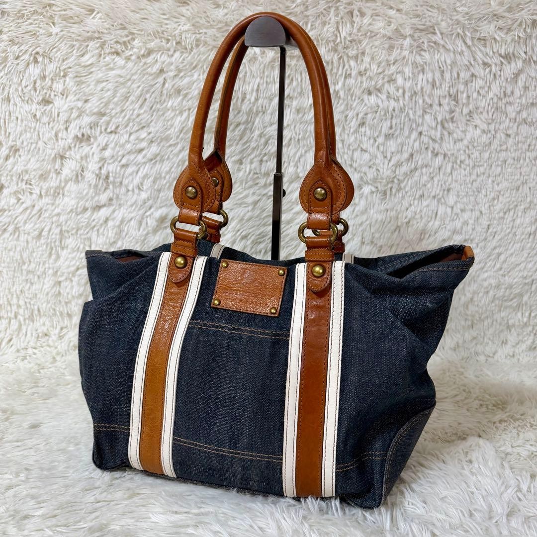 Burberry Blue Label Denim Tote Bag Navy Indigo Leather Striped Handbag New