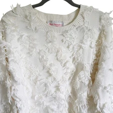 Just Sweaters 1X Vintage White Fuzzy Fringe Sweater Rayon Cotton USA Made Knit