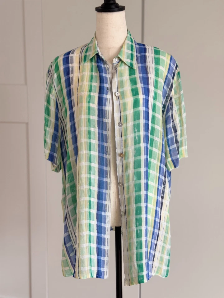 Vintage Oversize Sommerbluse XL | Blau Grün kariert | Urlaub | Beach | Bonita - Bild 2 von 4