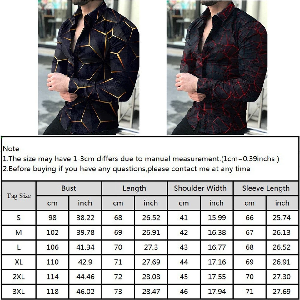 Casual-Button Down Shirt Men Printed Fashion Casual Long Sleeve Party Tee Tops#A - Image 2 of 4