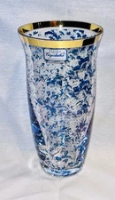 Vintage Bohemia Crystalex Vase Hand Made Czech Republic Gold Trim, Speckled Blue