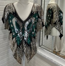 Vintage Sequin/Silk Butterfly Shirt 80s Silver/Green One Size 