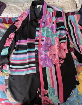 Damenbluse lang von Young s 50% Seide Größe 40/42 Schwarz mit bunten Blumen