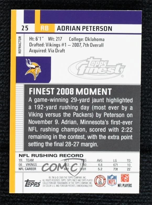 2009 Topps Finest Refractor Adrian Peterson #25 - Image 2 of 2