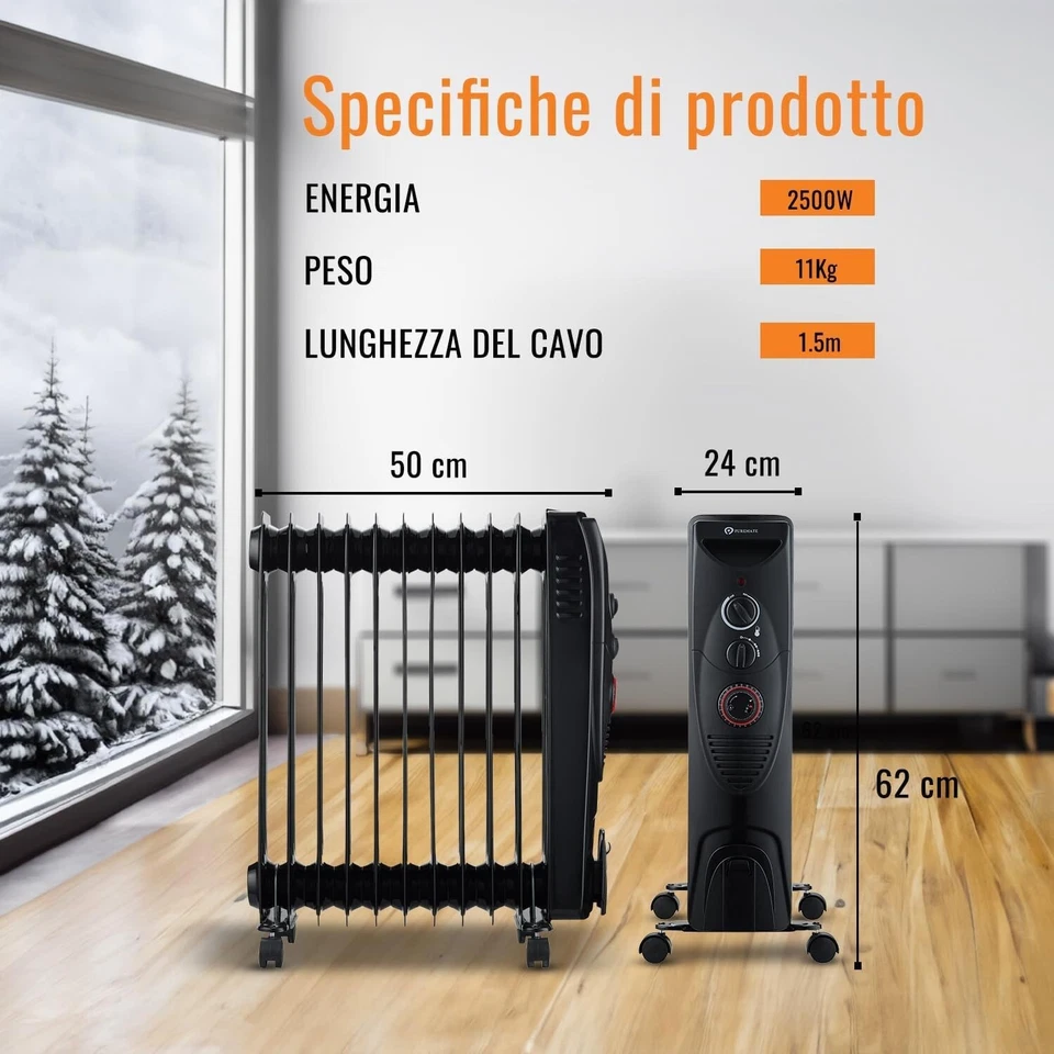 PureMate Radiatore a Olio 2500W 11 Elementi 3 Impostazioni di Calore - Immagine 2 di 4