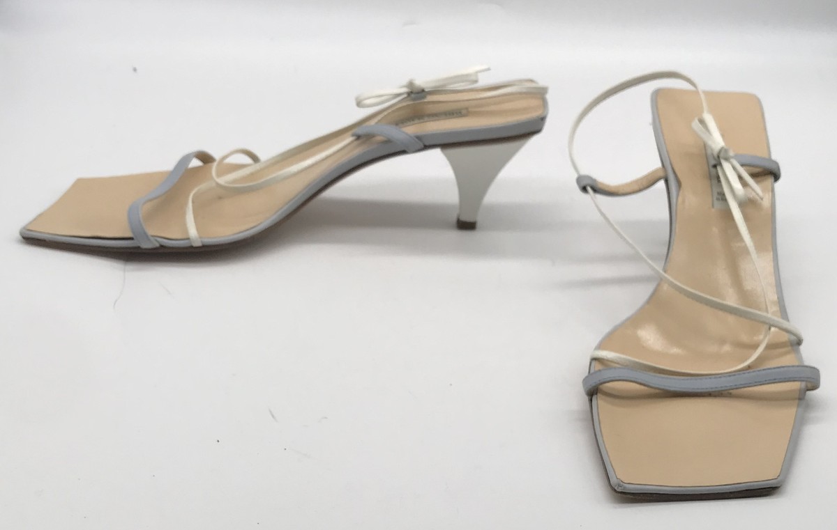 Bruno Magli blue white strappy sandal square toe heel sz