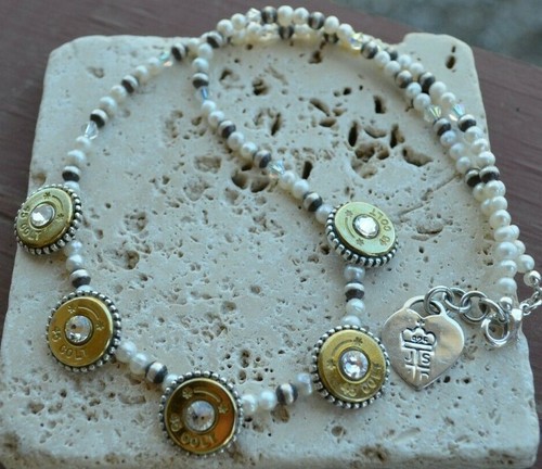  45 Colt Star Line Bullet Casing .925 Sterling /FW Pearl Necklace & Bracelet Set - Afbeelding 6 van 11