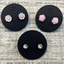 Floral and Crystal Kids Earrings Set - Pink and White