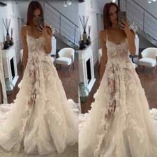 Spaghetti Strap Lace Wedding Dresses Sheer Corset 3D Floral A-Line Bridal Gowns