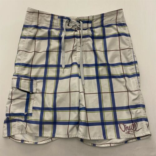 O'Neill 34 x 10" White Plaid Tie Front Cargo Pocket Board Shorts - Picture 1 of 6
