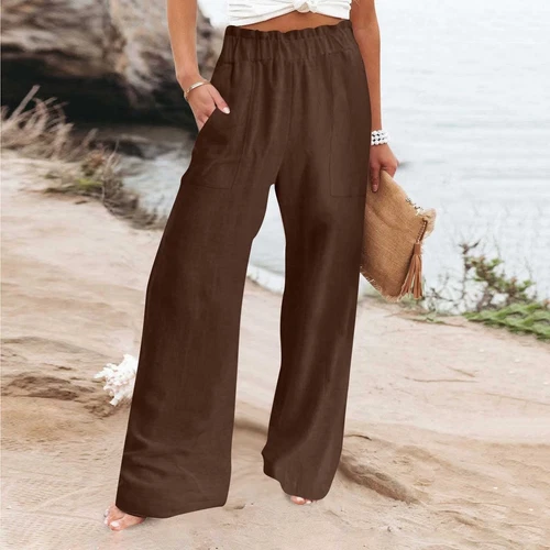 Women Cotton Linen Pants Solid Wide Leg Casual Loose Pants High Waist Trousers - Bild 17 von 36