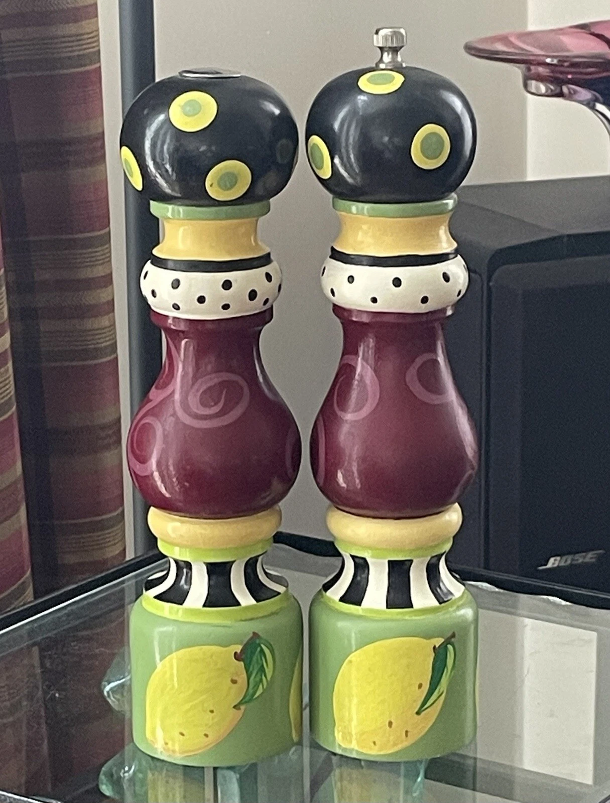 Pair Jessie Mac Hand Painted Salt Shaker & Pepper Grinder Mill 10" Tall