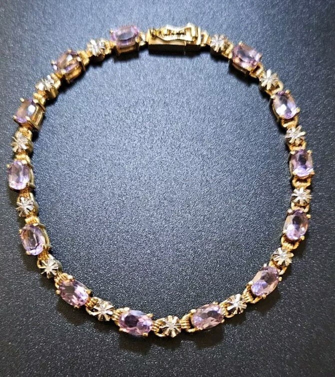 925 Thia Stamped: Amethyst-Diamond; Gold Over Sterling Silver 7.25 Inch Bracelet