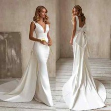 White/Ivory Satin Mermaid Wedding Dresses Simple V-Neck Sleeveless Bridal Gowns