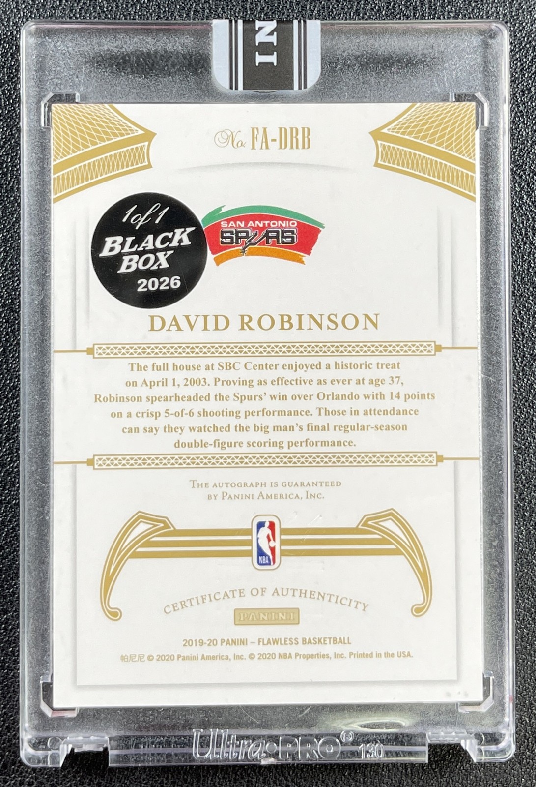 DAVID ROBINSON 2019-20 PANINI FLAWLESS #FA-DRB AUTO NATIONAL BLACKBOX 1/1 view 2