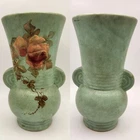 Brush McCoy Pottery Art Deco Matte Green Glaze Hand Painted Floral 6.25"H Ears