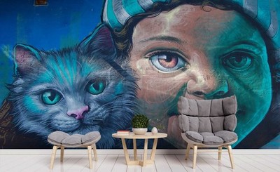3D Girl Cat Doodle Wall Murals Wallpaper Murals Wall Sticker
