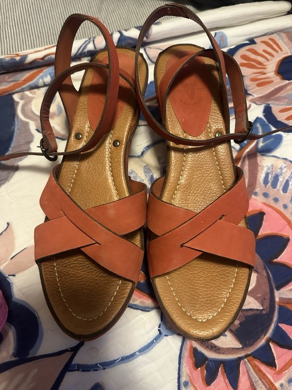 Frye Reese womens Orange  leather ankle wrap strappy wedge sandals 9 B