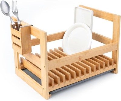 Bamboo Dish Drying Rack with Utensil Holder, Stone Dish Drying Mat, Wooden Dish