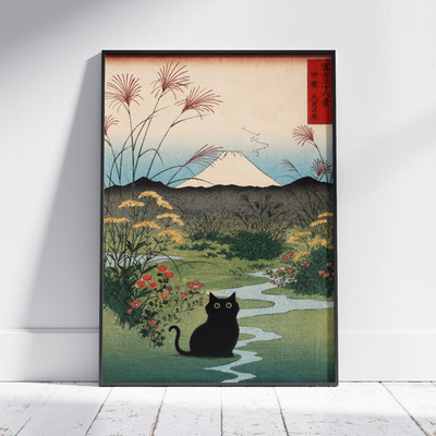 Mount Fuji Poster, Black Cat Art Print Japanese Ukiyo-e Wall Decor Gift Zen Home