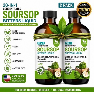 Soursop Bitters Liquid 20-in-1 Herbal Blend Vegan Sugar Free 16 oz - Pack of 2