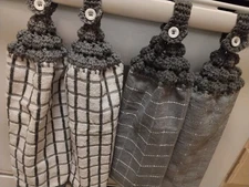 Set of 2 Hanging Kitchen Dish Towels w Tops Towel Gray, White Crochet Handmade