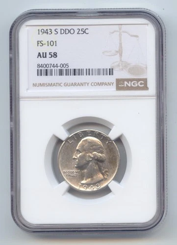 1943-S Double Die Washington Quarter, NGC AU-58, FS-101, DDO