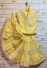 Vintage Mexican Patio Dress XS Peasant Blouse Tiered Skirt 1950s Tijuana Yellow