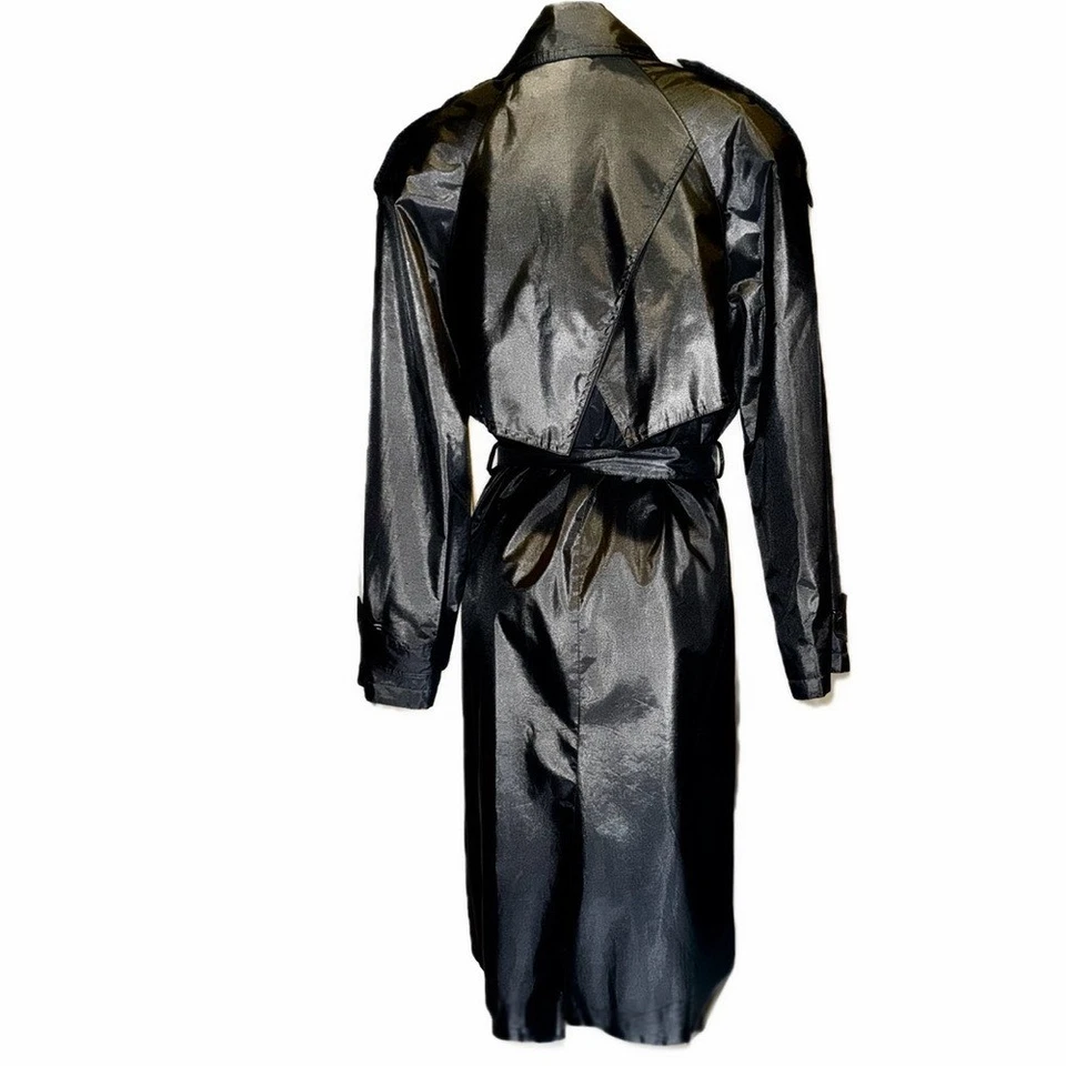 🧥🌧️ OTELLO PELLE Vintage 1980s Black Rubberized Trench Raincoat Women's 5/6 - Image 2 of 4