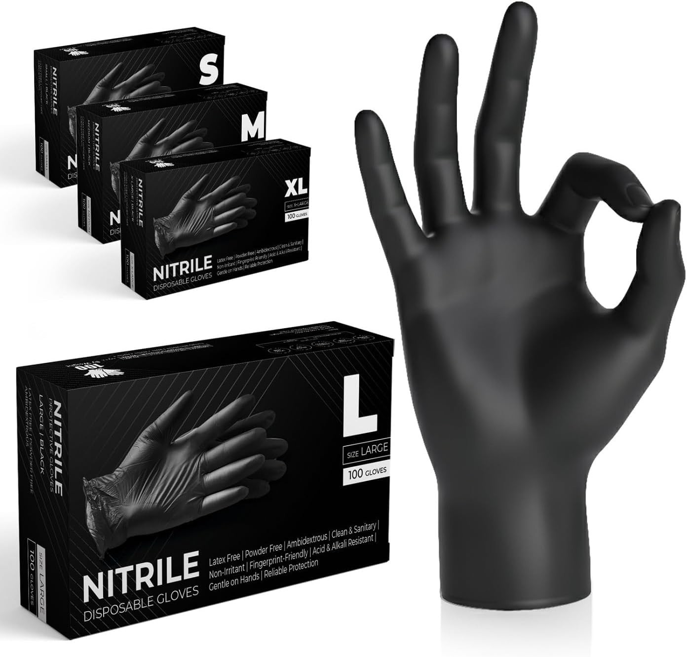 Real Touch Black Nitrile Multi Purpose Disposable Gloves Powder Free Large New