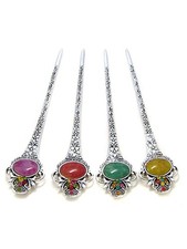 Korean hanbok Hair Stick Pin, Silver-Tone Filigree, Oval Gemstone Rhinestones