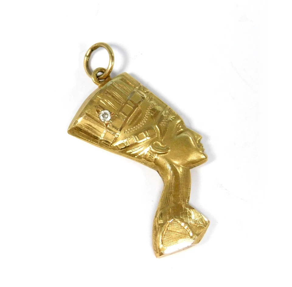 Vintage 19K Yellow Gold Nefertiti Pendant w/ Diamond Stone