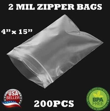 200 - 4" x 15" ZIP SEAL TOP LOCK BAGS CLEAR 2 MIL PLASTIC RECLOSABLE BAGGIES