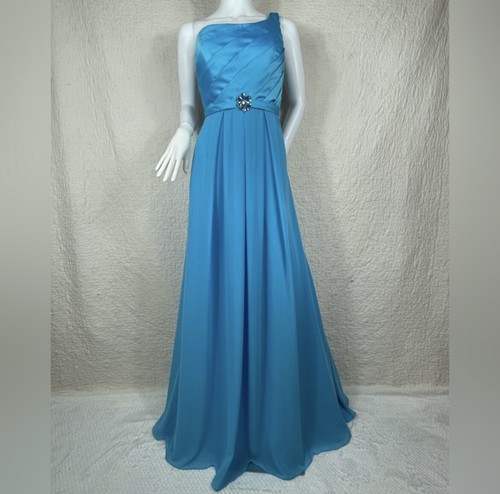 Mori Lee Aqua Blue Bridesmaid, Evening Gown One Shoulder Floor Length Dress - Picture 4 of 13