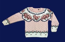 Hand Knit Pink Floral Sweater No Size Tag or Brand Chunky Knit Womens Vintage