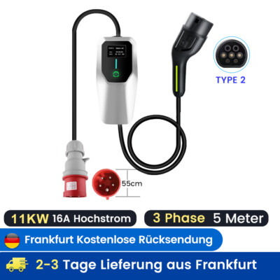 3 Phase EV Ladegerät Ladekabel Starkstrom CEE 11KW 16A Typ 2 5m Mobile Wallbox 