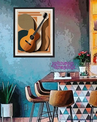 Guitar Wall Art Print, Acoustic Guitar, Mid Century Modern Music