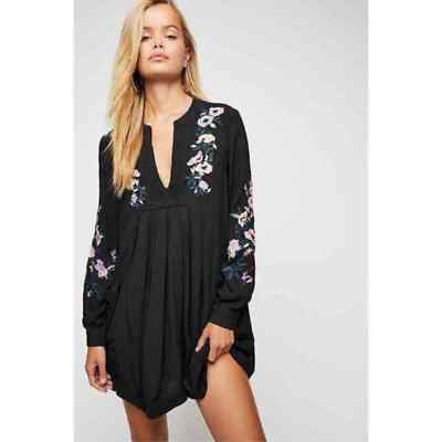 Free People Mia Embroidered Mini Dress - Black XS