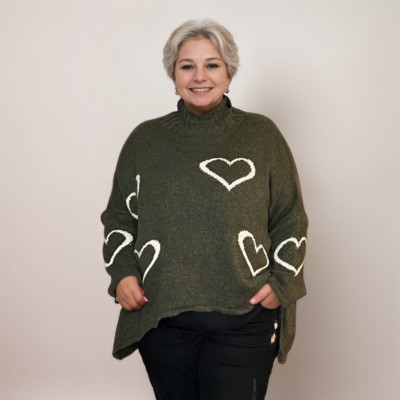 ROCKTHOSECURVES WOMENS JUMPER POLO NECK DIPPED HEM WITH HEARTS