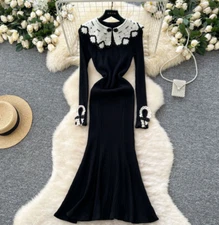 Long Sleeve Black Knitted Dress Women's Slim Fishtail Dress Party Club Fashion