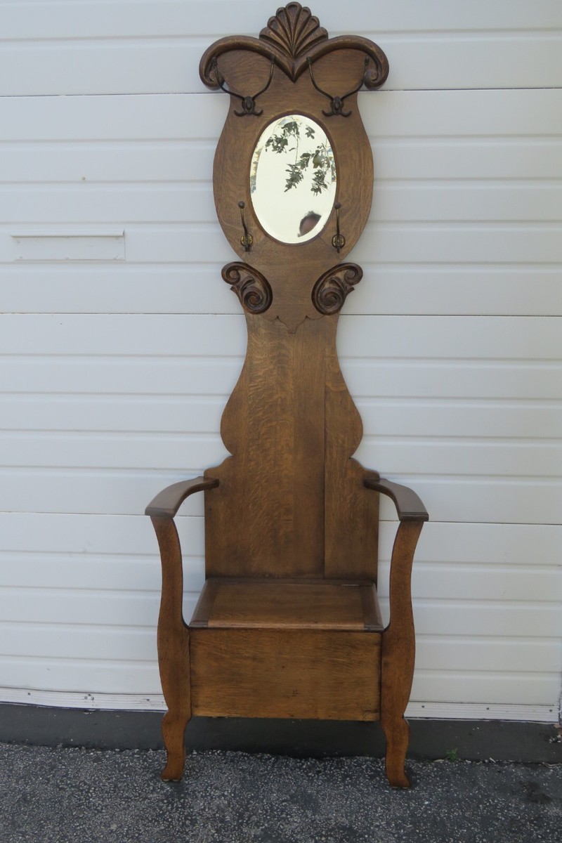 1900s Victorian Carved Oak Hall Tree Coat Hat Stand with Mirror and a Seat  5432